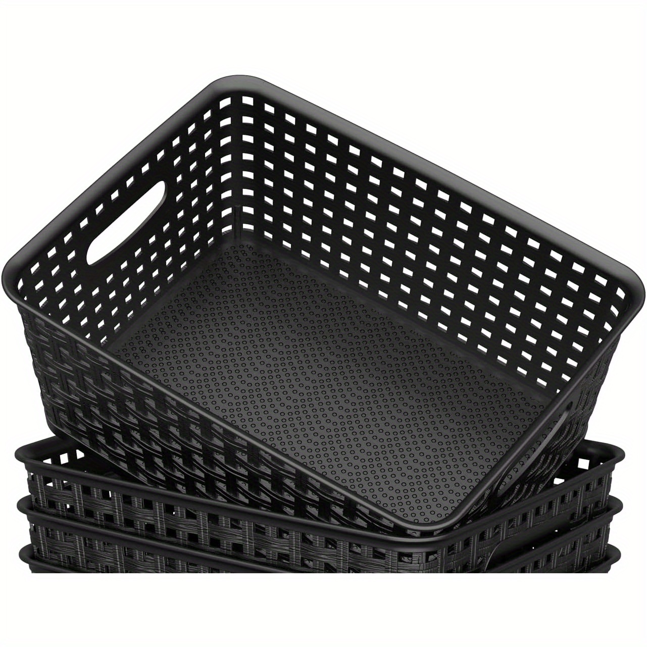6pcs High-Quality Woven Plastic Storage Baskets – Black Weave Bins Organizer – Home, Office, Desktop, Wardrobe, Bathroom – Shelf Basket, 10.1" x 7.55" x 4.1"