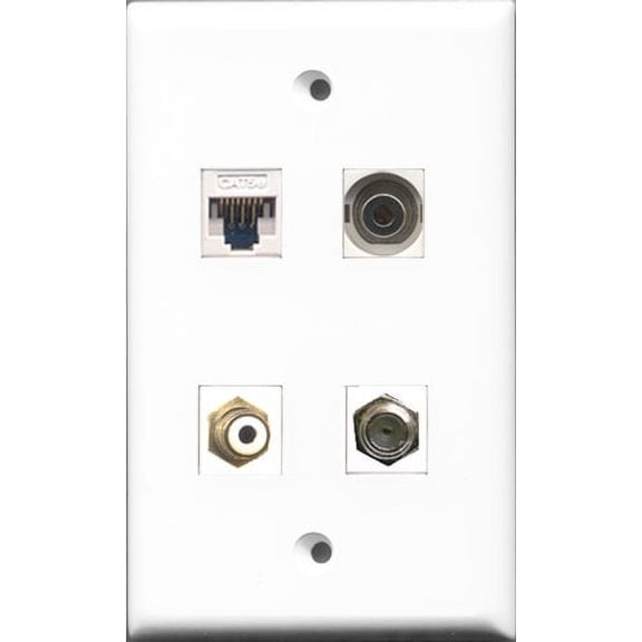 RiteAV - 1 Port RCA White and 1 Port Coax Cable TV- F-Type and 1 Port 3.5mm and 1 Port Cat5e Ethernet White Wall Plate