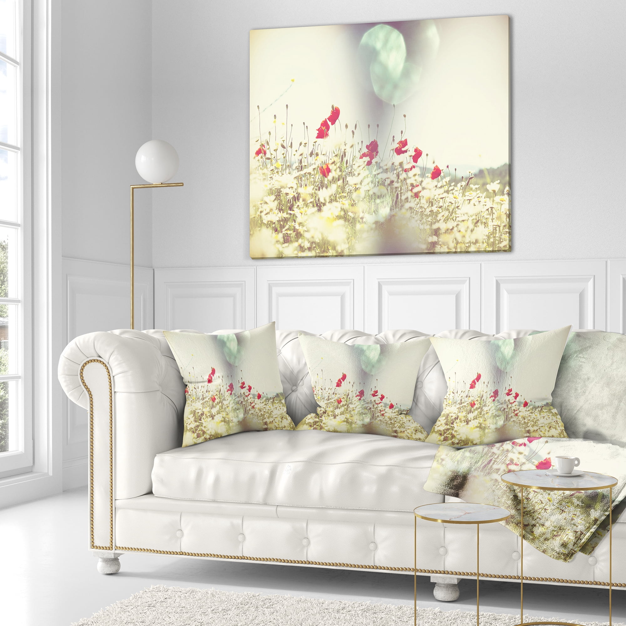 Designart Red and White Poppy Flowers Field - Flower Throw Pillow - 16x16