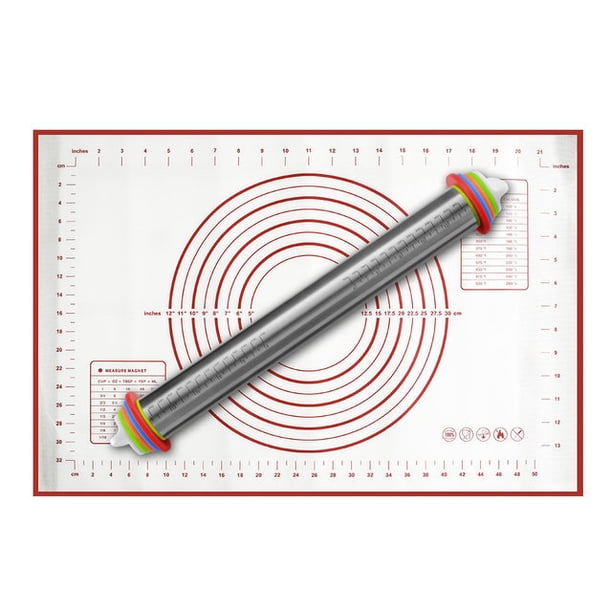 Juego de rodillo de amasar y alfombrilla de silicona para repostería, rodillo de masa de acero inoxidable, rodillos con anillos de espesor ajustable, para hornear masa, pizza, pasteles, pasta, galletas Rojo Verde