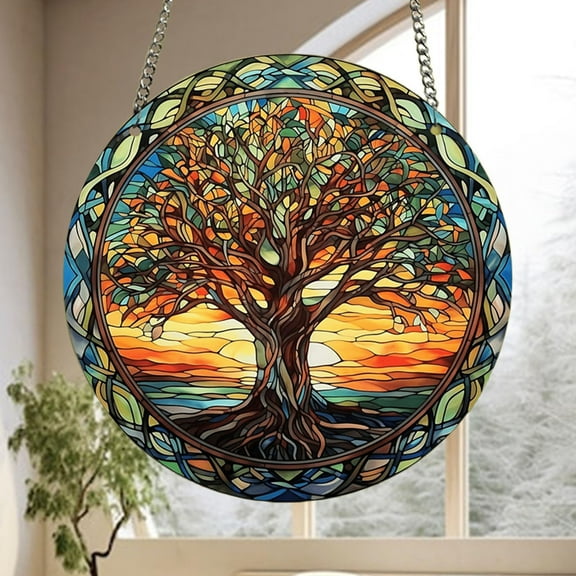 Stained Glass Tree Of Life Window Art Panel Suncatcher Hanging Ornament For Home Kitchen Bedroom Porch
