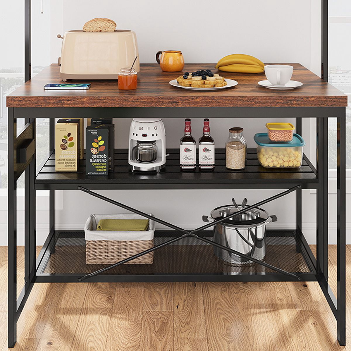 Kitchen Island,Kitchen Island with Storage,Bakers Rack,47” Large Kitchen Island with Power Outlet,Kitchen Island Table,Coffee Bar Table with Shelf,Space-Saving
