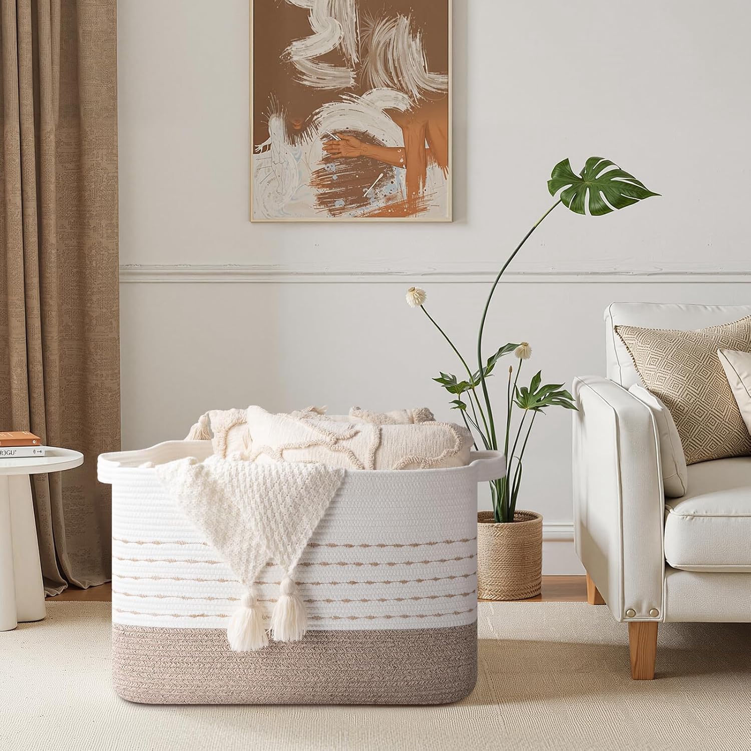 108L Extra Large Blanket Basket, 25”x16”x16” Rectangle Woven Cotton Rope Baskets for for Living Room, Toy Storage with Handle- Gradient Light Brown