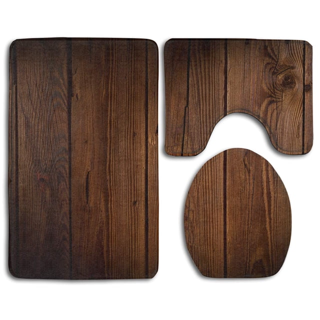 ABPHQTO Tablero de madera marrón Juego de alfombras de baño de 3 piezas Alfombra de baño Alfombra de contorno y tapa de inodoro