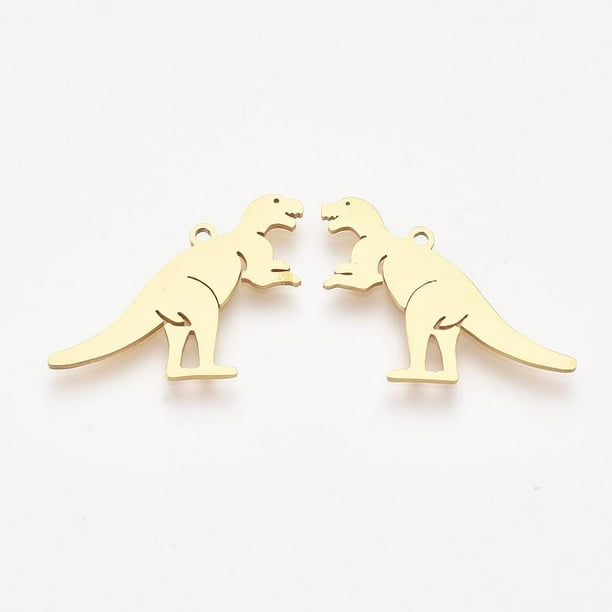 2 colgantes de acero inoxidable 201 para bisutería, dijes y accesorios para joyería. Colgante con forma de dinosaurio dorado. Medidas: 19,5 x 24 x 1 mm. Orificio: 1,4 mm.