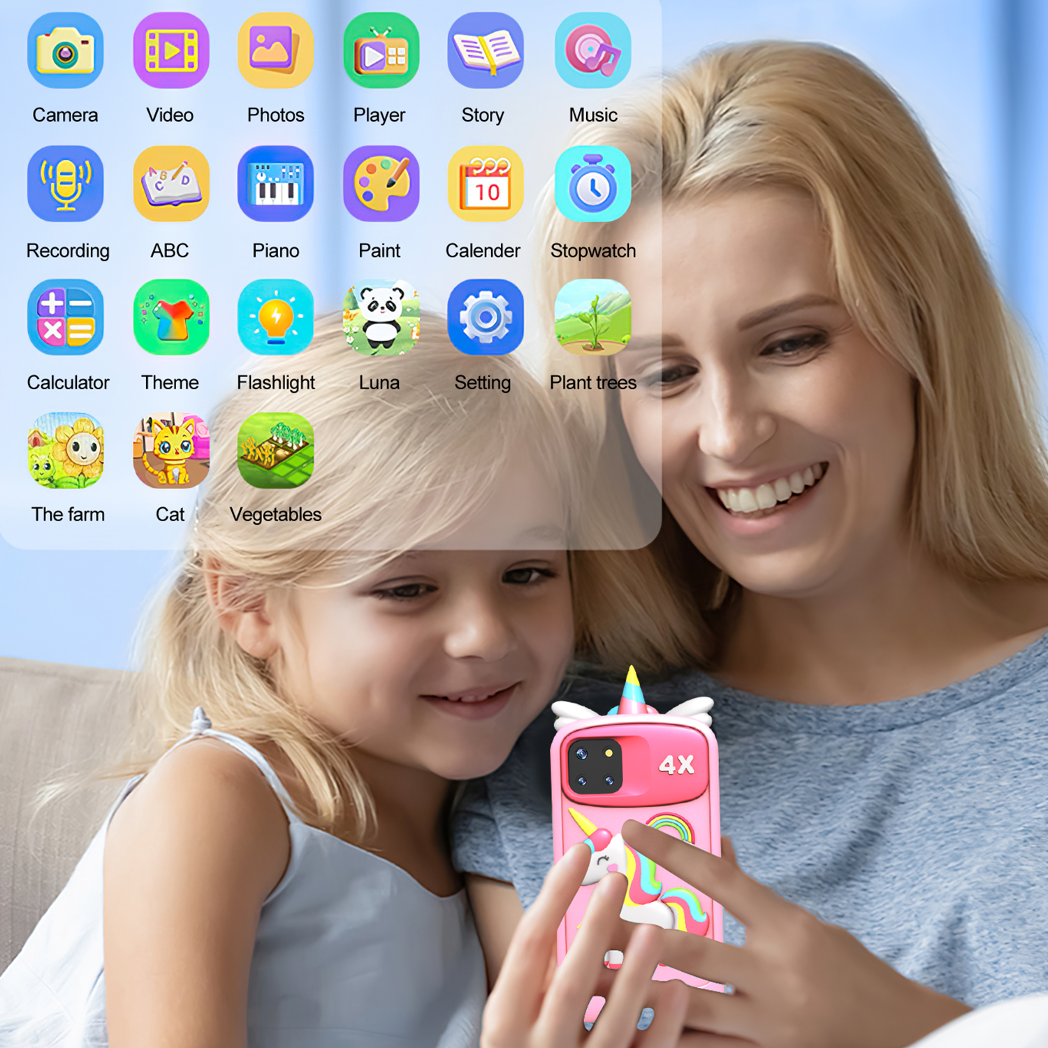Merryhome Kids Smart Phone for Girls with 4.0" Large Touchscreen, 32G Card Christmas Birthday Gifts for Age 3-10 Kid Toys Cell Phone with Holographic Pyramid, Dual Lens, Music Player Pink
