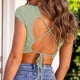 thumbnail image 2 of Blusa corta sin espalda con cordones cuello redondo entrecruzado color puro blusa elástica con cordón trasero para mujer verde S, 2 of 8