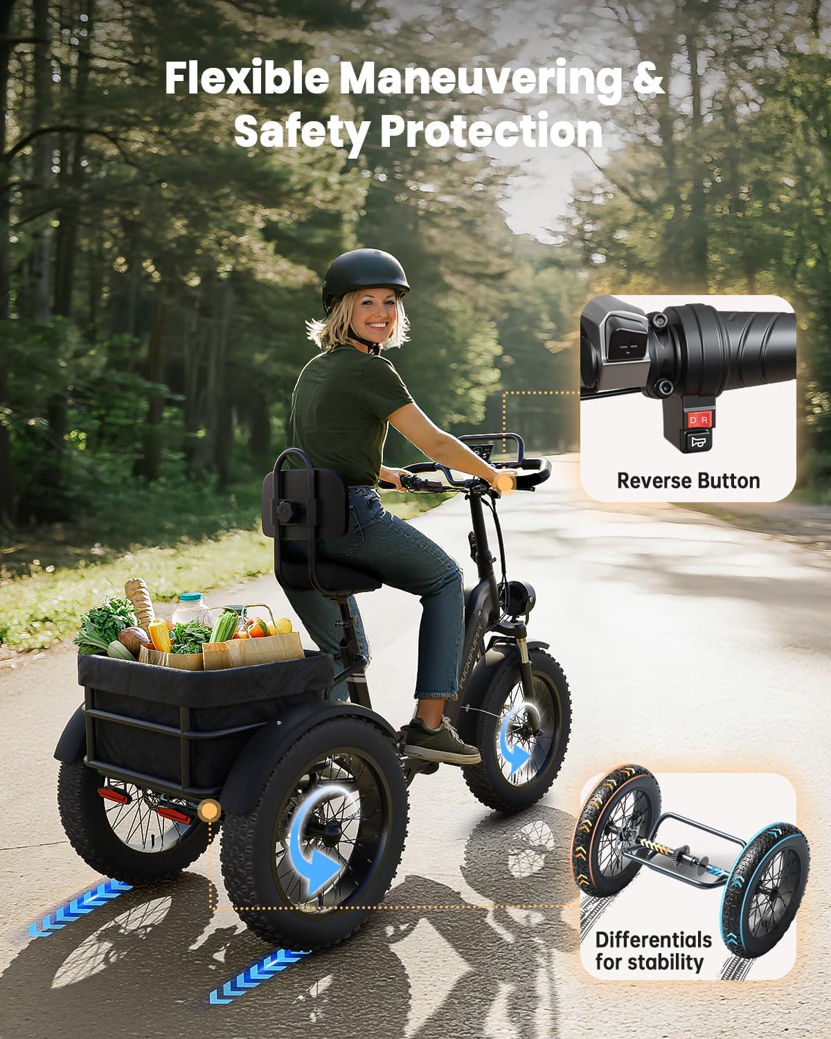 PUCKIPUPPY Electric Tricycle for Adults Full Suspension & Reverse Gear 960W Peak 55Miles Range 20" Fat Tire Electric Trike 15mph Max Speed E-Mountain Bikes 48V 15AH Battery, Comply with UL2849 By SGS