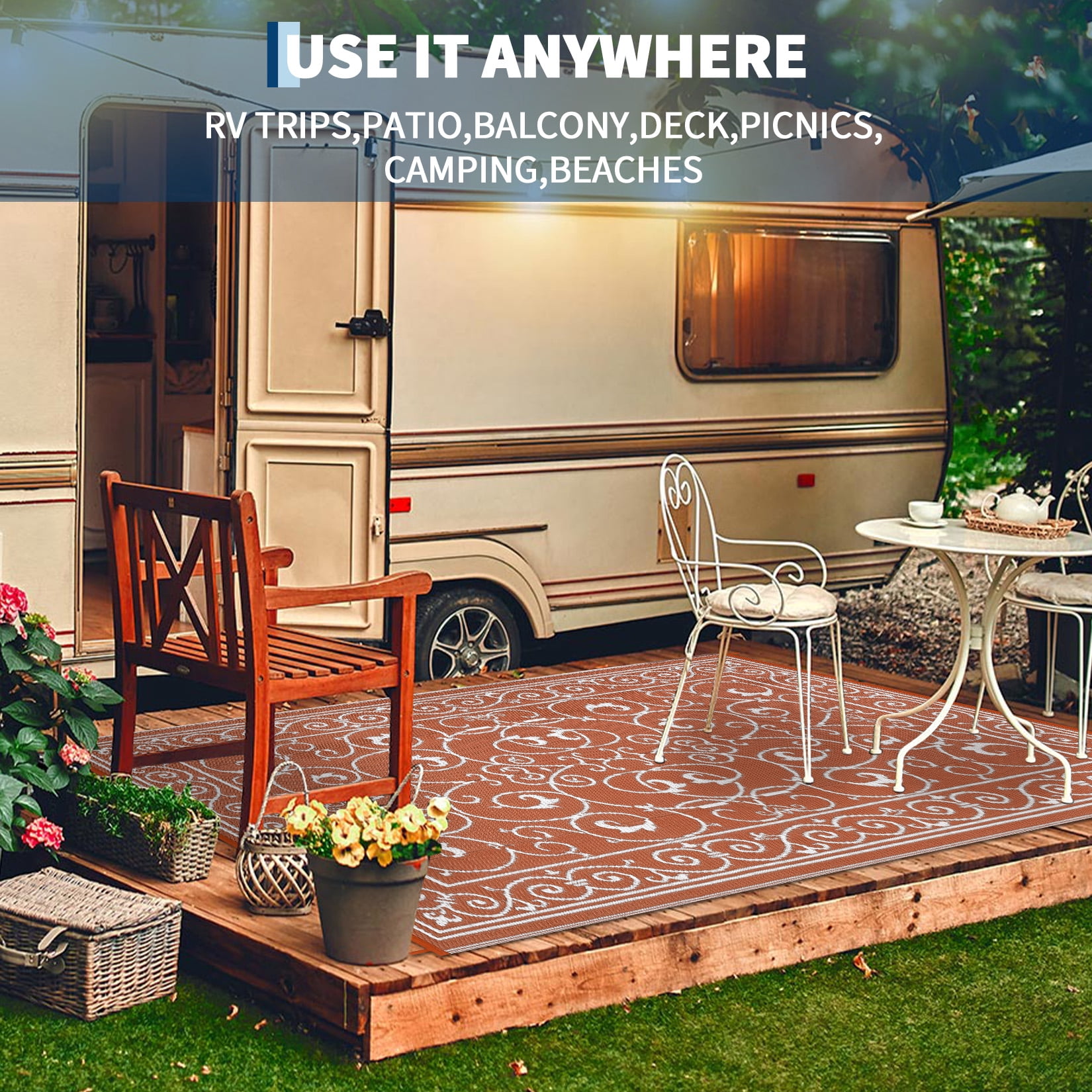 Garvee 8'x10' Outdoor Rug Waterproof Plastic Straw Rug, Reversible Outside Carpet UV Resistant Modern RV Mat for Backyard Garden Deck Poolside, Brick Red
