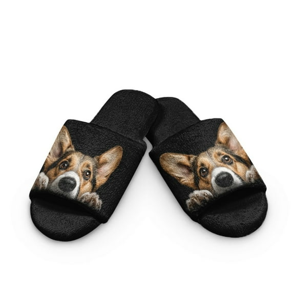 Xoenoiee Corgi Dog Print Open Toe Slippers for Women Men Indoor, Breathable Cozy House Slippers Summer Slip On, Comfy Soft Flannel Bedroom Slippers, 4.5-5 Women/3.5-4.5 Men