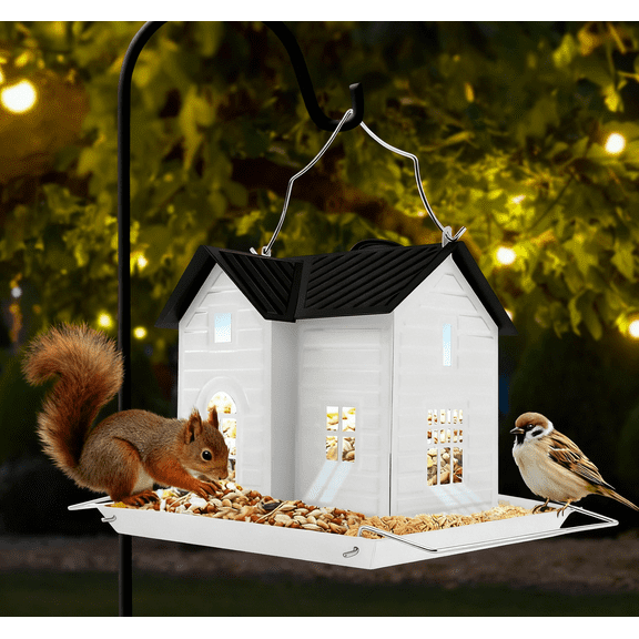 Woaeety Solar Lighted Bird Feeder House, Squirrel Feeder,Outdoor Hanging Decoration Bird Feeder for Courtyard, Illuminated Night Time Bird Feeders for Outdoors, ,Unique Gifts, Garden Decor