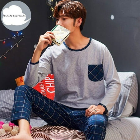 

QWZNDZGR Spring Autumn Knitted Cotton Cartoon Men s Pyjamas Striped Pajamas Set Casual Male Sleepwear Pyjama Night Pijamas 3XL Homewear