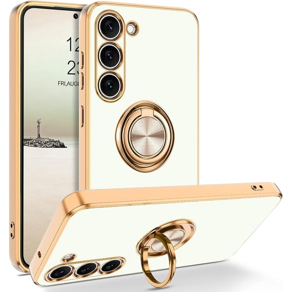 for Samsung Galaxy S23 Case, Ring Holder Kickstand Support Car Mount Elegant Plating Edge Slim Shockproof Soft TPU Protective Phone Cover for Samsung Galaxy S23 6.1" 2023, White