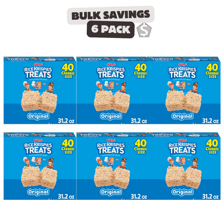 6 x - Rice Krispies Treats Crispy Marshmallow Squares, Kids Snacks, Snack Bars, Original, 31.2oz Box (40 Bars)