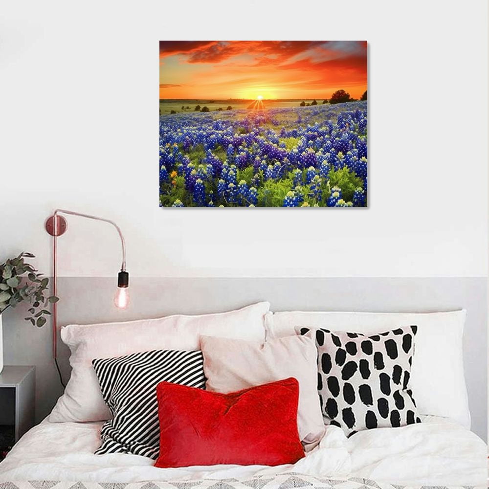 EastSmooth  - Texas Sunset Picture Wall Art Beautiful Bluebonnets Field Photo Canvas Painting Natural Landscape Poster Artwork,Extra