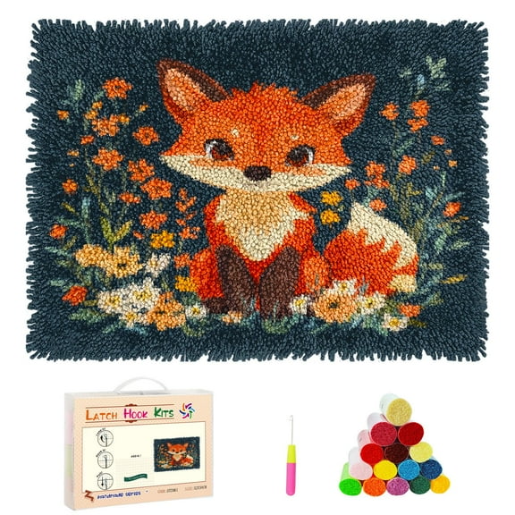 DIY Latch Hook Rug Kits Cute Red Fox in Flowers Stamped Non-slip Mat Crochet Yarn Hook and Latch Emboridery Tapestry for Home Floor Decor and Pet Warm Cushion 52x38cm(2)