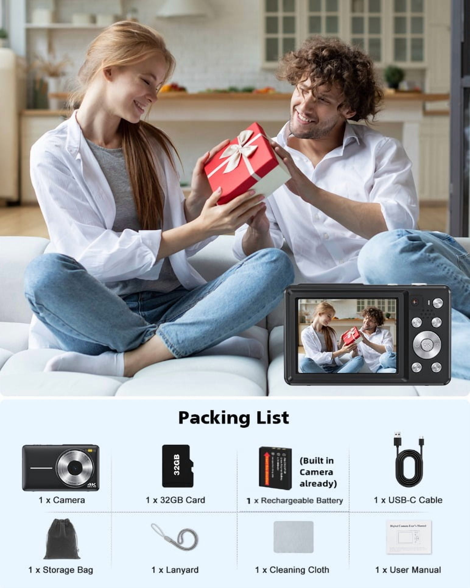 64MP Digital Camera, 4K Autofocus Compact Camera with LED Flash, 16X Zoom, IPS Screen, 256GB TF Card Support, Easy-to-Use for Kids, Teens & Adults（Black）