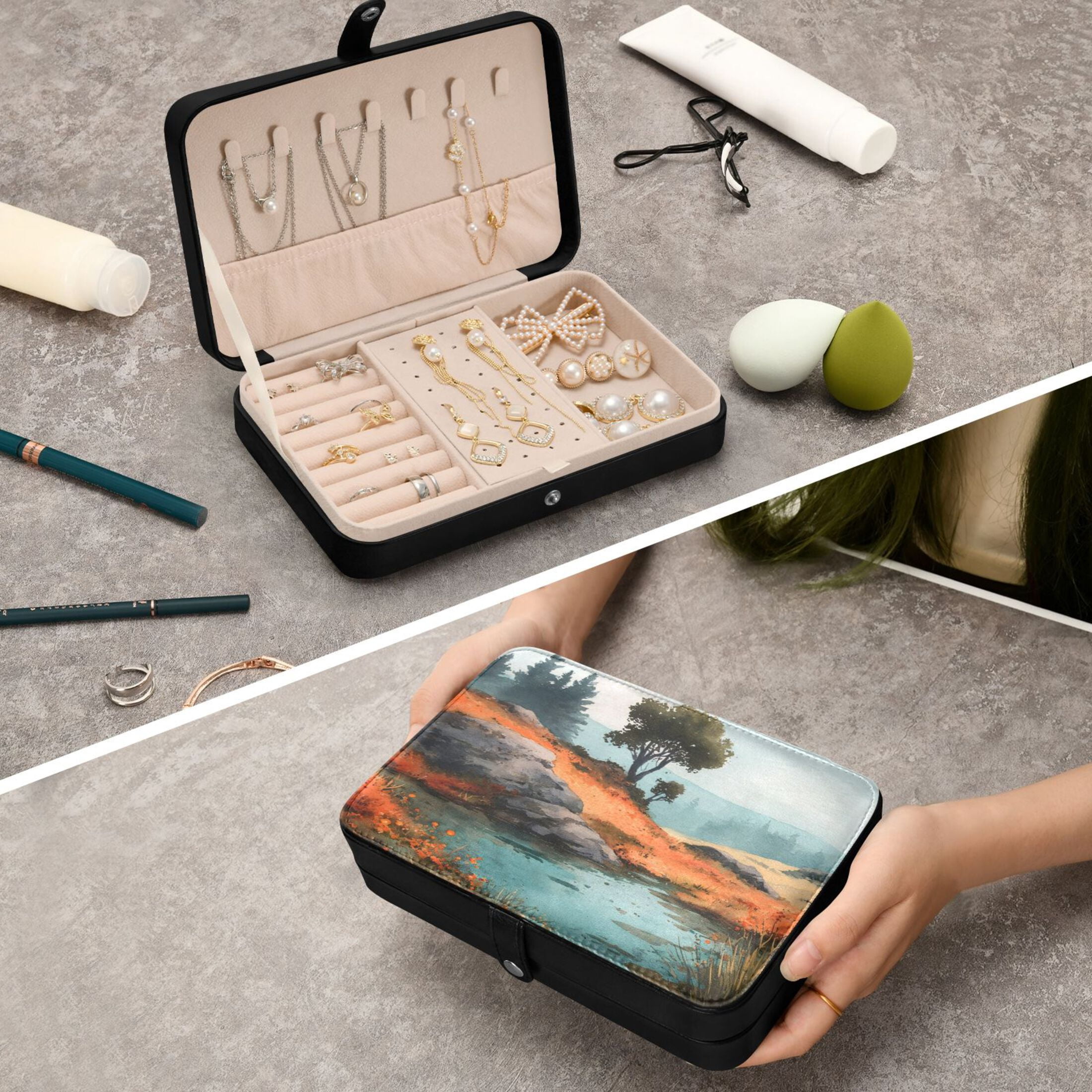 Leather Jewelry Box Rectangular 8.27x5.5x1.78In Travel Jewelry Storage Earrings Necklace Bracelet Watch Brooch Storage Watercolor Tree