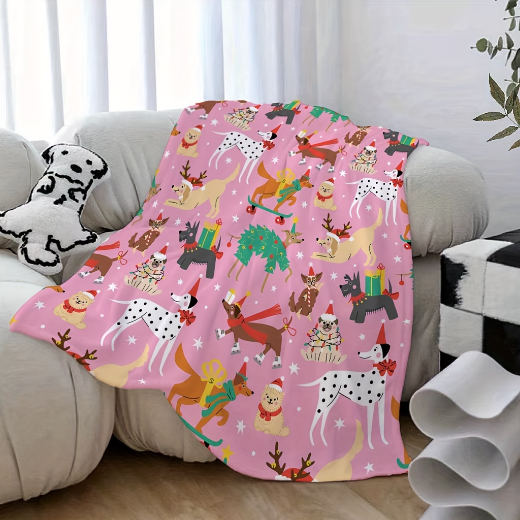 1pc Digital Print Flannel Fleece Blanket, Contemporary Christmas Dog Design, All-Season Reversible Throw, Machine Washable, Mixed Colors, Home & Kitchen Bedding