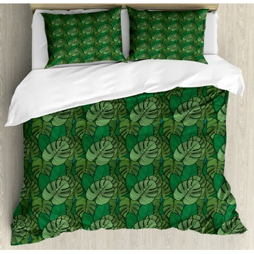 Philodendron Duvet Cover Set Queen Size, Tropical Monstera Leaves Drawing in Dark Tones, Decorative 3 Piece Bedding Set with 2 Pillow Shams, Jade Green Fern Green and Pale Petrol Blue, by Ambesonne