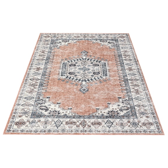 Faux Wool Machine Washable Vintage Floral Area Rug – Non-Slip Low Pile Stain Resistant Indoor Modern Soft Carpet for Home Decoration
