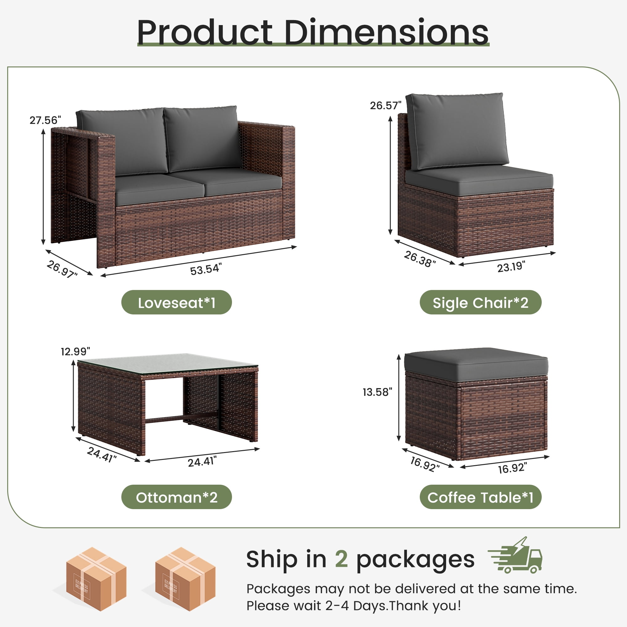 POTEBAN 6-Piece Space-Saving Patio Furniture Set, All Weather Brown Wicker Rattan Sectional Sofa with 2 Ottomans, Outdoor Conversation Set for Garden, Backyard, Gray Cushions