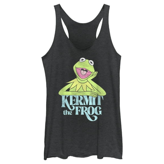 Women's The Muppets Kermit the Frog Distressed Racerback Tank Top Black Heather 2X Large
