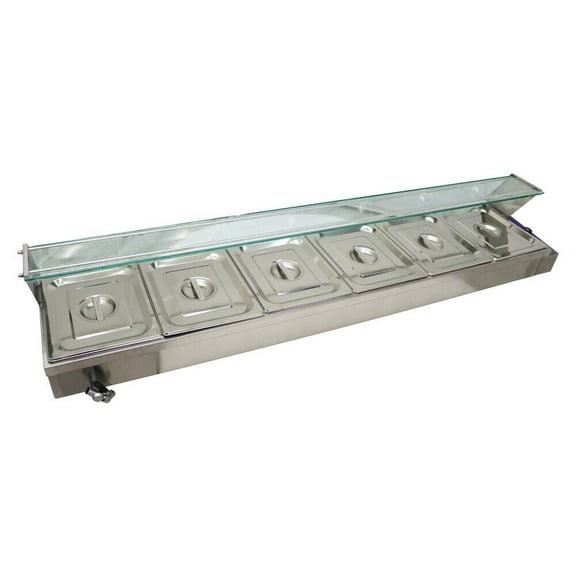 EQCOTWEA Commercial Bain-Marie Buffet Food Warmer with Glass Shield 4" Deep 6 Pans Stainless Steel