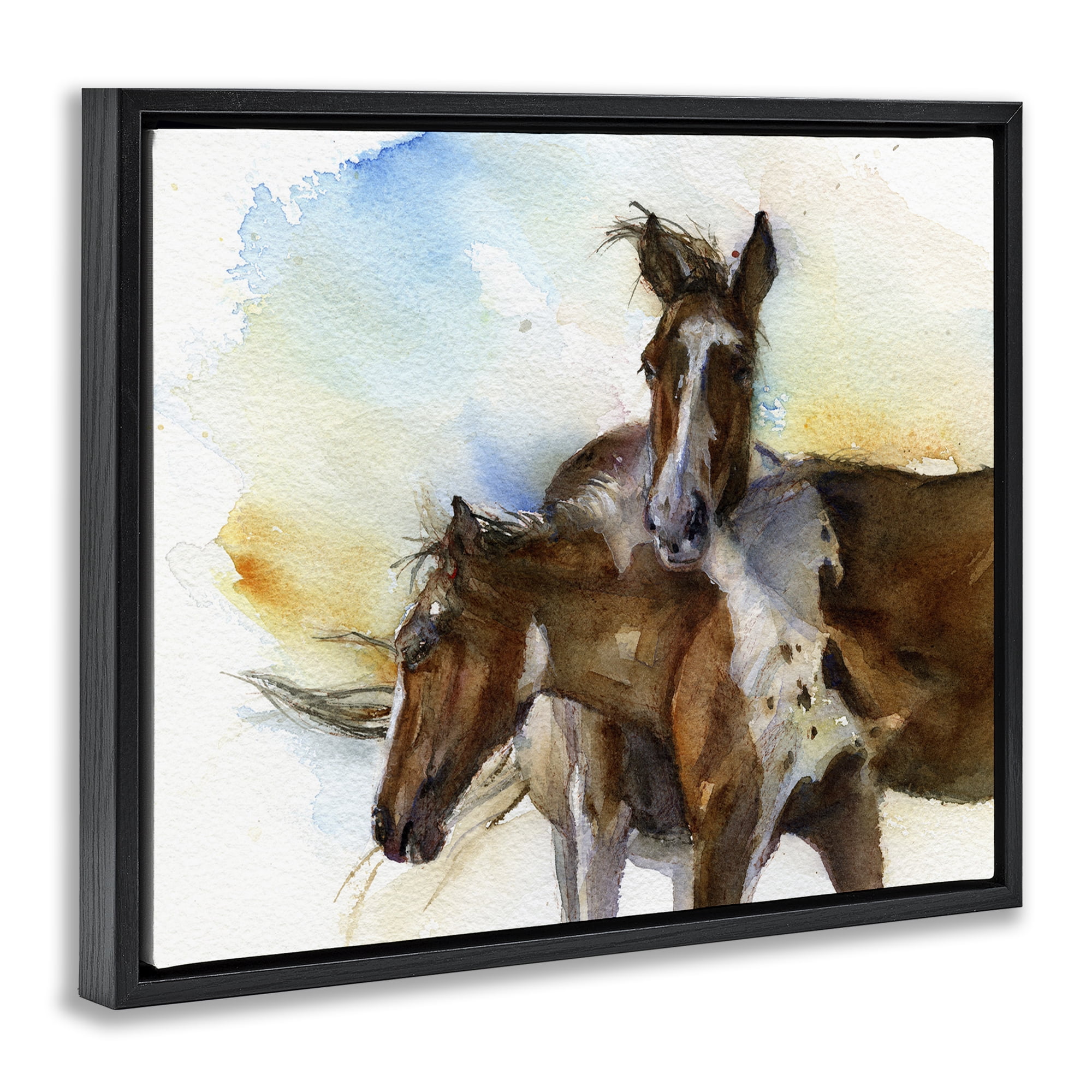 Stupell Industries Brown Horses Watercolor Animals & Insects Painting Black Floater Framed Canvas Art Print Wall Art, 31 x 25