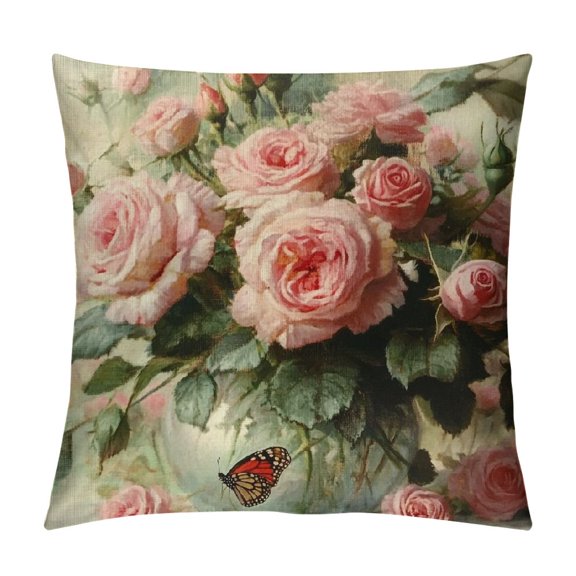 PHYHOO Vintage Pink Rose Floral Decorative Throw Pillow Covers Soft Square Pillowcases Cushion for Living Room Sofa Bedroom Farmhouse Home Decor
