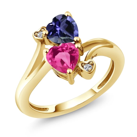 Gem Stone King 18K Yellow Gold Plated Silver Blue Iolite Pink Created Sapphire and White Moissanite Ring for Women (1.41 Cttw, Heart Shape 6MM, Gemstone Birthstone, Size 7)