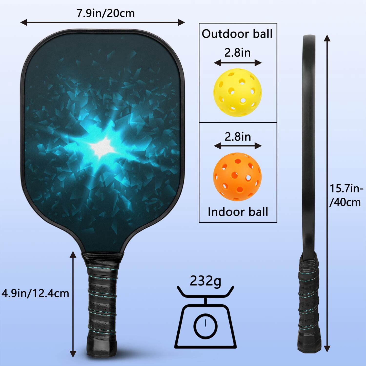 Pickleball Paddles Set Of 1, Fiberglass Surface, Speed, Lightning, Thunder Print, 1 Paddle, 2 Balls & Bag