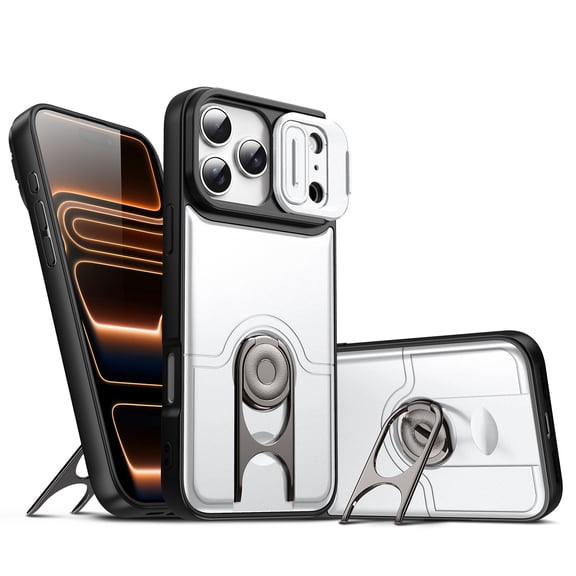 for iPhone 17 Pro Max Magnetic Case with Ring Bracket Stand & Sliding Camera Lens Cover, Stylish Shockproof Protective Hybrid Anti-drop Phone Cover for iPhone 17 Pro Max, Silver