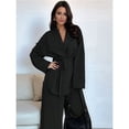 thumbnail image 4 of Women's Casual Lounge Two Piece Outfits Long Sleeve V Neck Wrap Tie Waist Shirt Wide Leg Pants Sets Black L, 4 of 10
