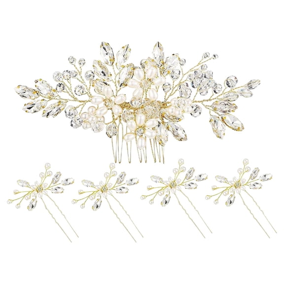 CXHEGBEJ 5Packs Rhinestone Crystal Pearl Comb For Women, Headpiece Flower Hair Side Comb, Hair Clips for Wedding Brides, Reception Cosplay Princess Party Favors Birthday Gift Gold