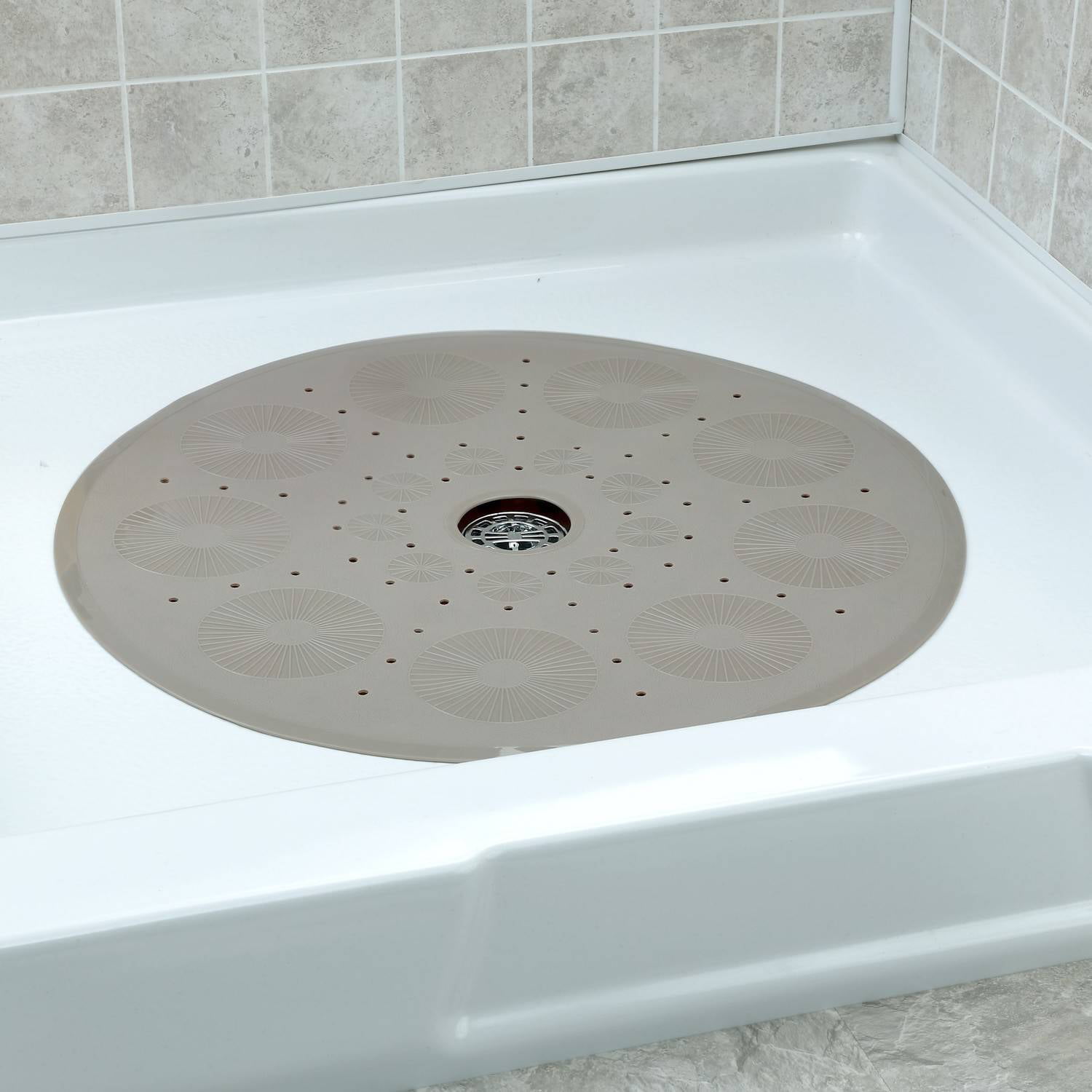 Gray Bathroom Shower Stall Mats Foot Massage Non-Slip mat 21.6 x 21.6 Textured Surface Round Non Slip Shower Mat Anti Slip Bath Mats with Drain Hole in Middle with Strong Rubber Suction Cups