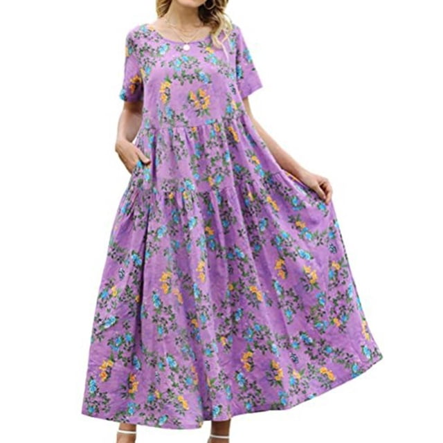 Bellella Robes Maxi pour Femmes Col Rond Longue Robe Imprimé Floral Robe d'Été Aguichant Manches Courtes Image de Vacances Couleur 18 3TG