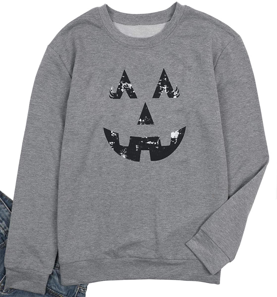 Long Sleeve Pullover Pumpkin Face Printed Sweater Blouses Shirts Portazai Sweatshirts for Women Happy Halloween Tops 