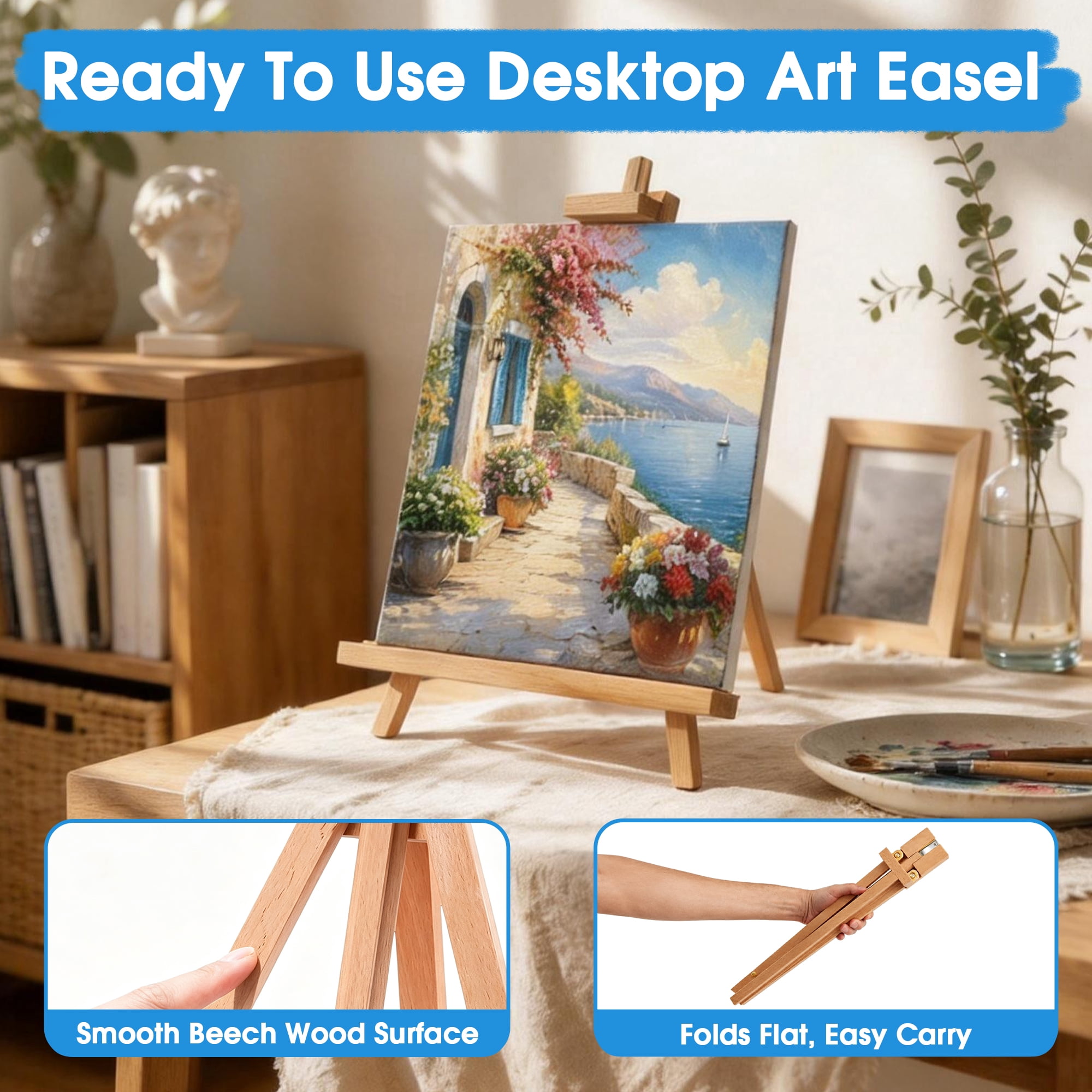 Adjustable Tabletop Wood Easel, Foldable Desktop Art Easel Stand for 12‑27" Canvas, Painting & Display for Artists Beginners