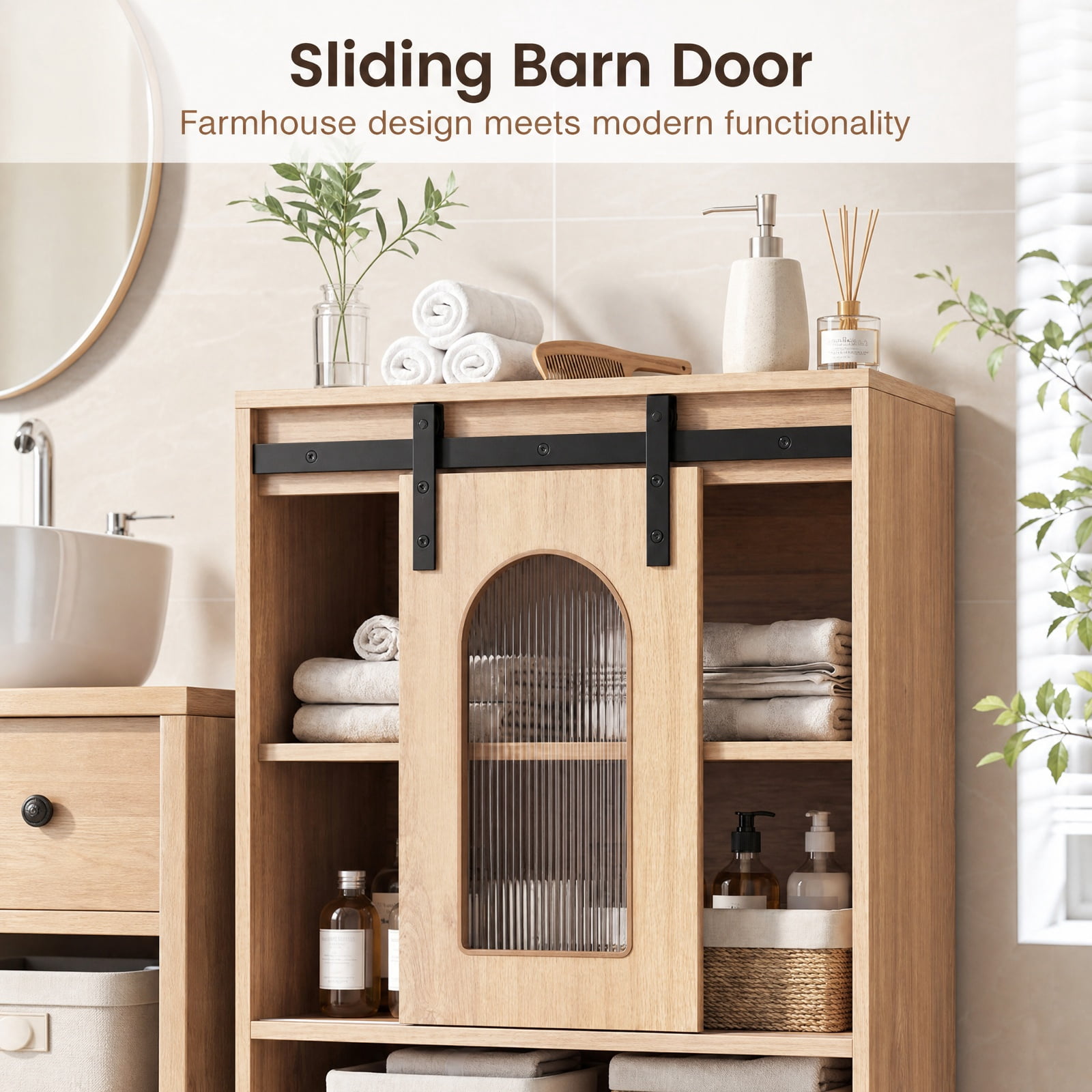 Vebreda Freestanding Bathroom Storage Cabinet, Farmhouse Bathroom Floor Cabinet with Sliding Barn Door, Large Storage Capacity