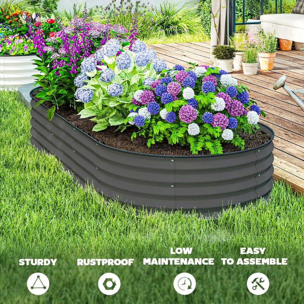 Spaco 7' x 3' x 1' Raised Garden Bed Set, 2-Piece Raised Beds for Gardening with Metal Plant Stakes, Dark Gray
