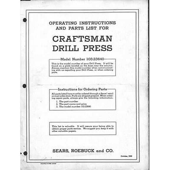 Instruction Manual ONLY for 1946 Craftsman 103.23640 Drill Press Instructions REPRINT