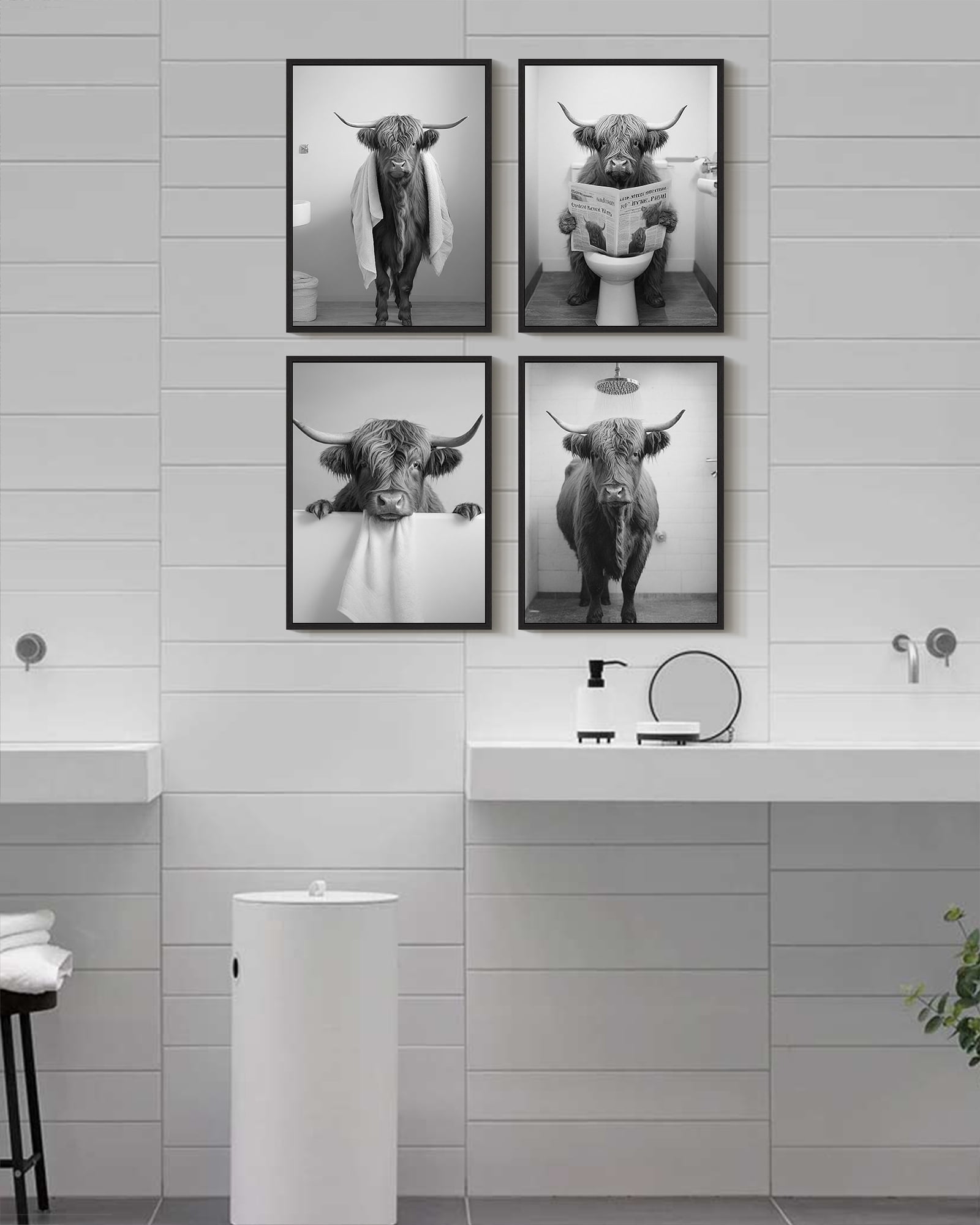 Drsoum Funny Highland Cow Bathroom Wall Ar Black and White Rustic Cute Bathroom Prints for Bathroom Restroom Decor 11x14in4pcs Black Framed
