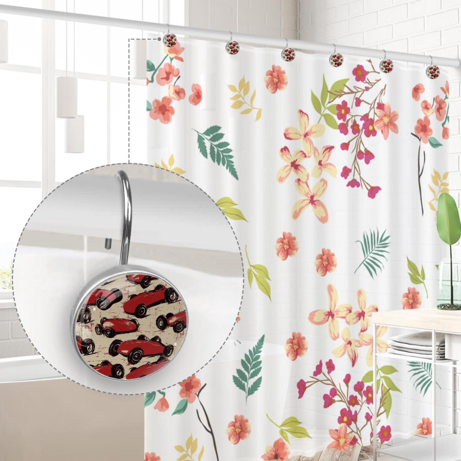 Cartoon Red Racing Cars Shower Curtain Hooks Round Crystal Glass, Set of 12 Shower Curtain Rings - Shower Hooks for Curtain Shower Rings