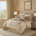 thumbnail image 7 of Benjara 10 Piece King Polyester Comforter Set with Damask Print- Cream and Gold, 7 of 7