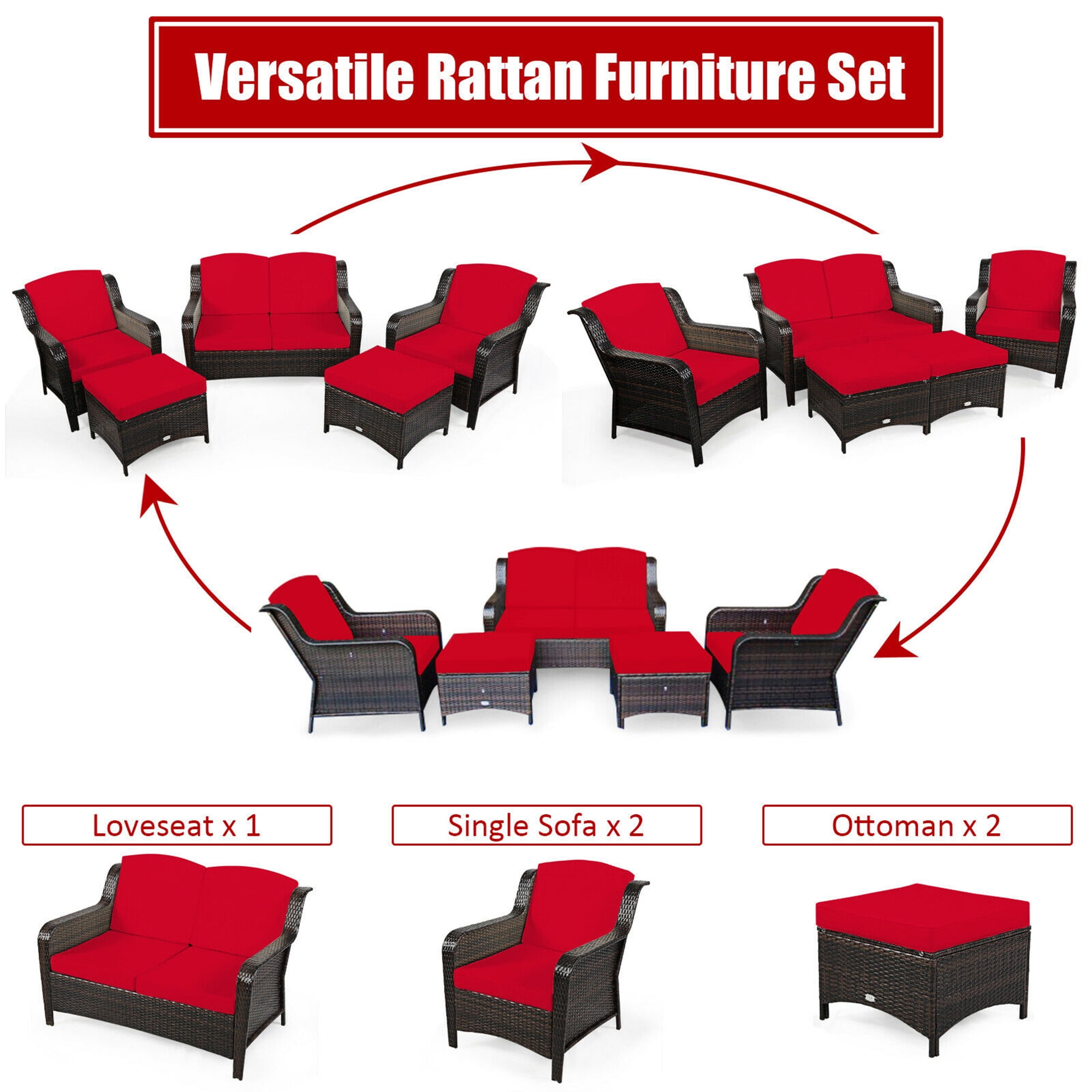 Gymax 5PCS Rattan Patio Conversation Sofa Furniture Set Outdoor w/ Red Cushions