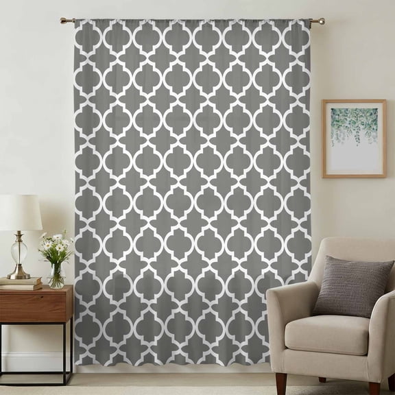 Gray Morocco Sheer Curtains 54 Inches Long, Vintage Minimalist Boho Ethnic Pattern Light Filering Curtains, Breathable Simi Curtain Privacy Drapes for Kitchen Bathroom Small Window Treatment