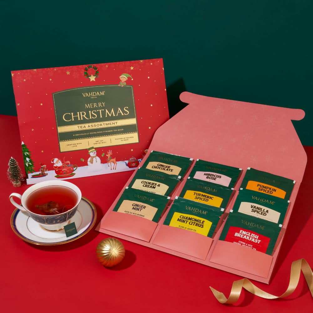 VAHDAM Christmas Tea Gift Set (9 Individually Wrapped Tea Bags) Limited Edition- Gluten Free & Non GMO