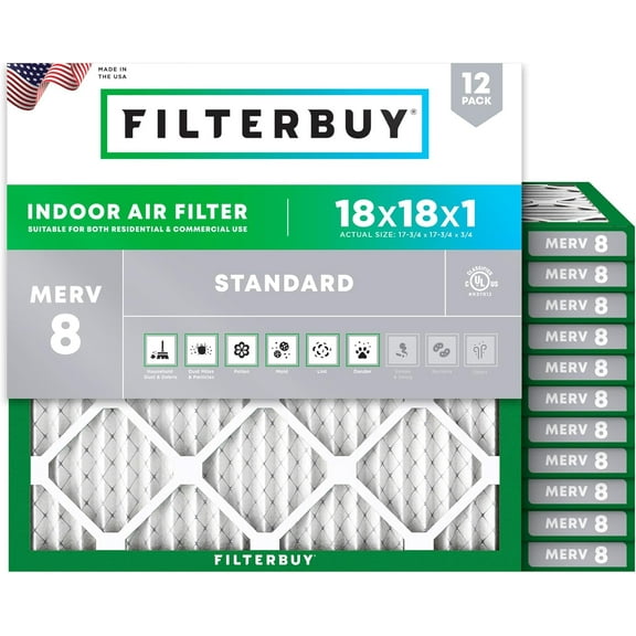 Filterbuy 18x18x1 Air Filter MERV 8 Dust Defense, Pleated HVAC AC Furnace Filter Replacement, 12-Pack