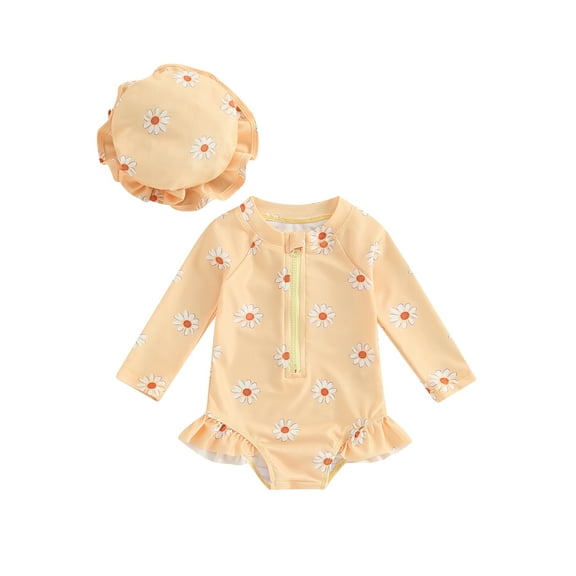 Hirigin Toddler Baby Girl One Piece Swimsuit Flower Print Zip Rash Guard Ruffled Swimwear Long Sleeve Bathing Suit Sun Hat